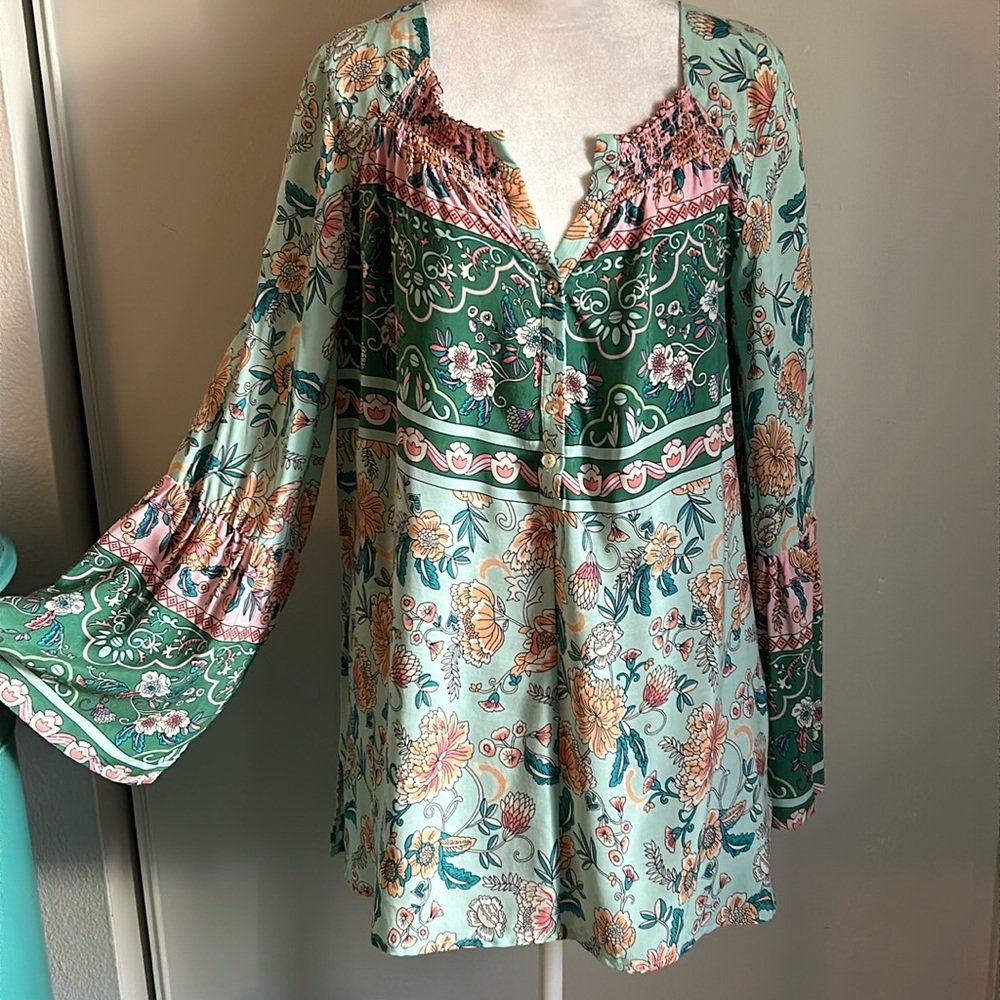 New Suzanne Betro Weekend Long Boho Peasant Tunic Bell Sleeve Style Blouse